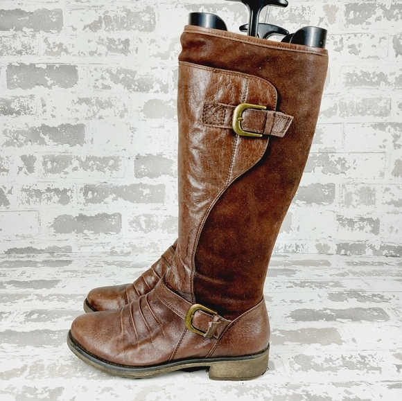 BareTraps Women's Saydo Brown Leather Buckle Knee High Boots T360 - Picture 1 of 11